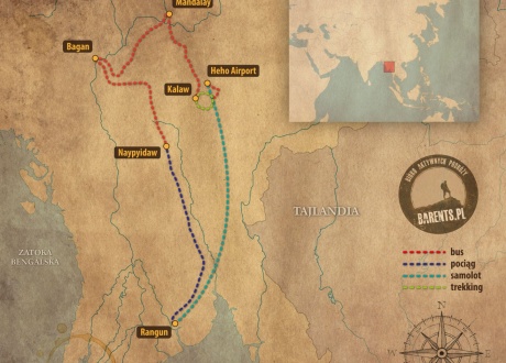 Mapa poglądowa trasy wycieczki Wycieczka do Birmy: szlakiem buddyjskich świątyń z Barents.pl