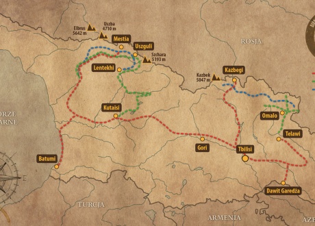 Map of the trip route: Trekking in Tusheti and Khevsureti + Mount Kazbek © Barents.pl Active Travel Agency