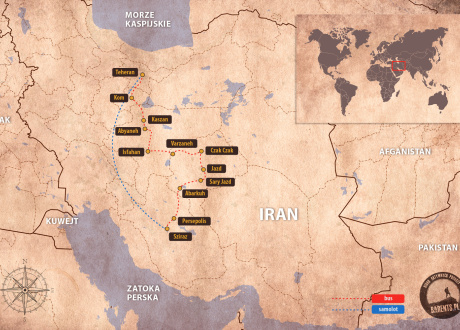 Mapa poglądowa wycieczki Iran: szlakiem perskiej historii z Barents.pl