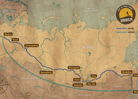 Mapa poglądowa trasy wycieczki: Transsyberyjską magistralą: 9298 km z Moskwy do Władywostoku z Barents.pl