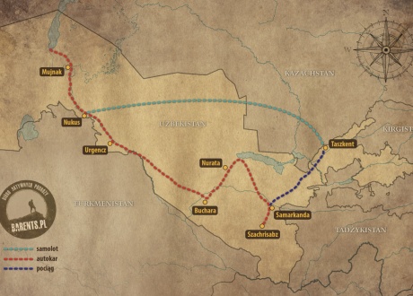 Mapa poglądowa wycieczki. Uzbekistan. Wycieczka po Jedwabnym Szlaku © Barents.pl